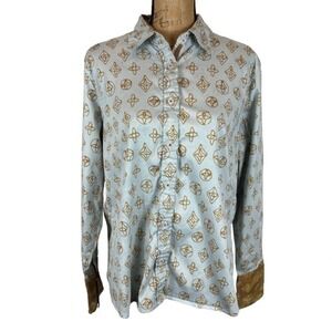 Tizzie Tribal Print Contrast Cuff Button Up Shirt Mint Gold Cotton Blend Size XL